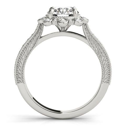Platinum Round Halo Milgrain Pave Diamond Ring with Four-Prong Setting