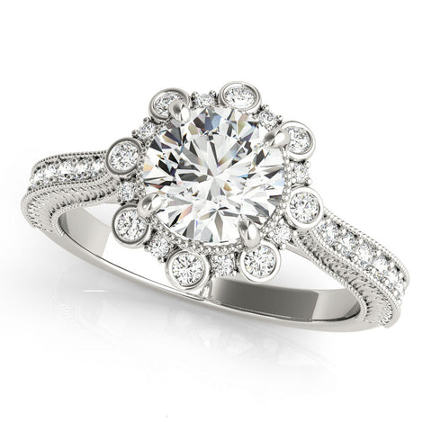 Platinum Round Halo Milgrain Pave Diamond Ring with Four-Prong Setting
