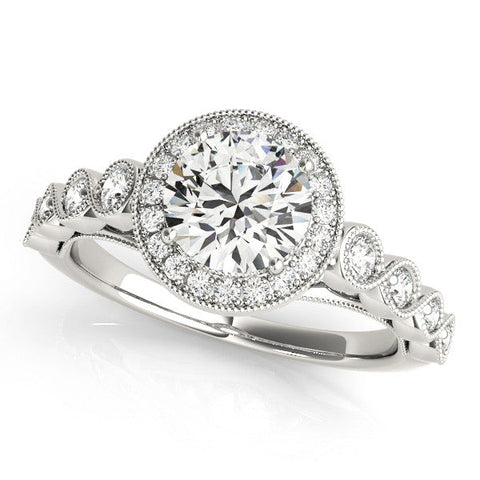 White gold Round Halo Milgrain Solitaire with Bezel Set Side Stones and Pave Band