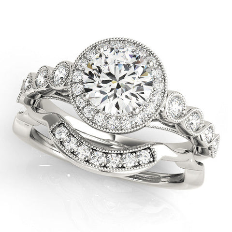 White gold Round Halo Milgrain Solitaire with Bezel Set Side Stones and Pave Band