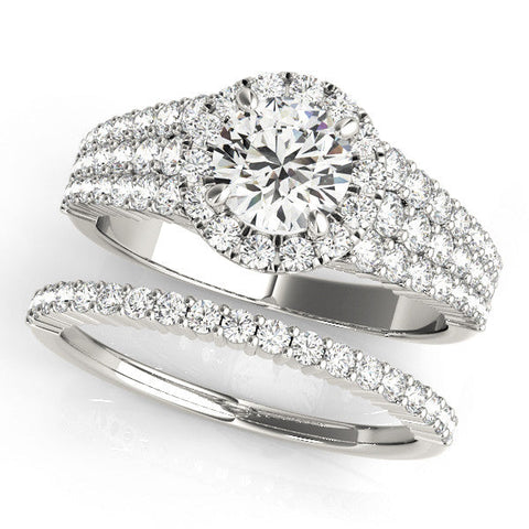 Platinum Round Halo Pavé Diamond Engagement Ring with Split Shank and Four-Prong Setting