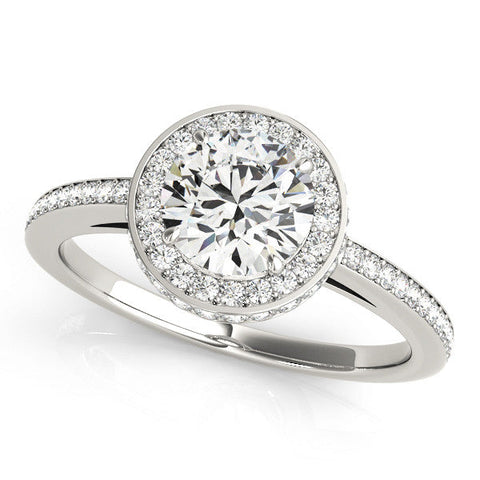 Platinum Round Halo Pave Band Solitaire Ring with Prong Setting