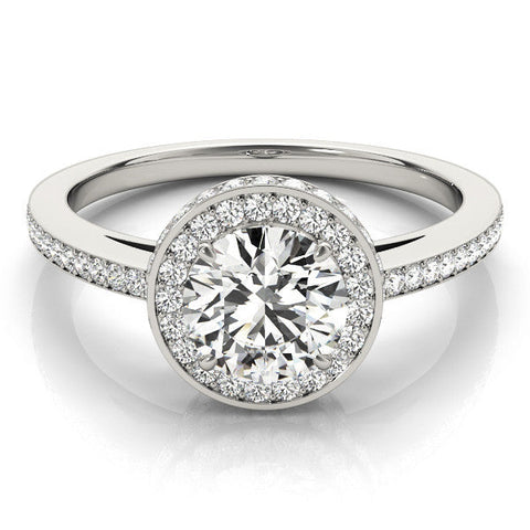 White gold Round Halo Pave Band Solitaire Ring with Prong Setting