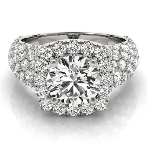 White gold Round Halo Pave Diamond Engagement Ring with Four-Prong Setting