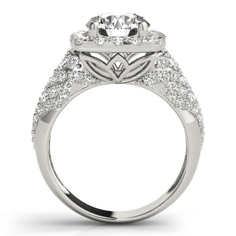 Platinum Round Halo Pave Diamond Engagement Ring with Four-Prong Setting