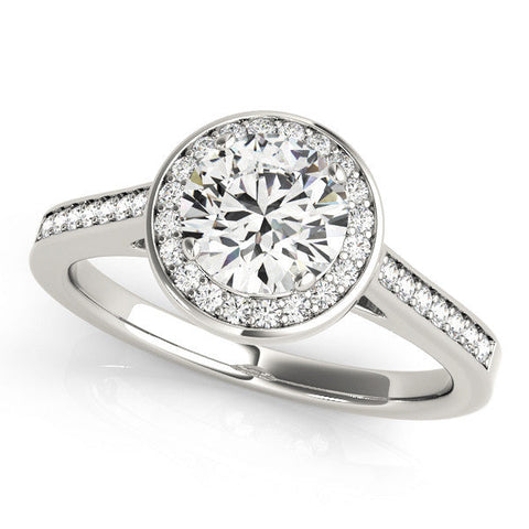 Platinum Round Halo Solitaire Diamond Ring with Pave Band and Bezel Setting