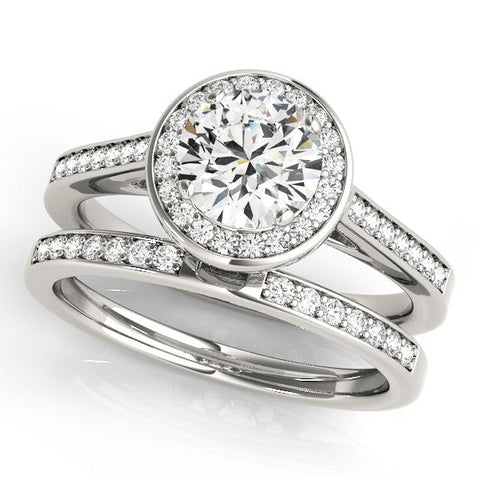 White gold Round Halo Solitaire Diamond Ring with Pave Band and Bezel Setting