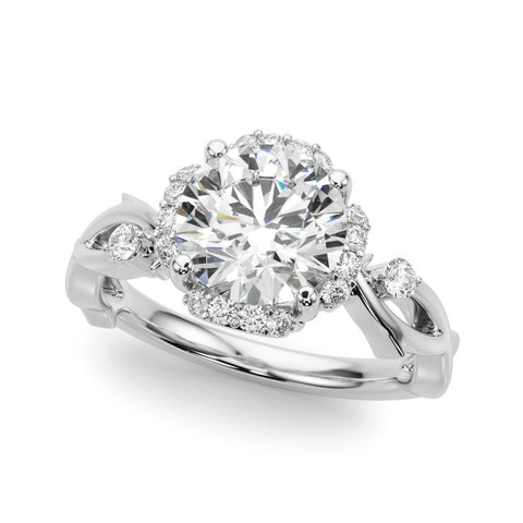White gold Round Halo Solitaire Diamond Ring with Twisted Band and Four-Prong Setting
