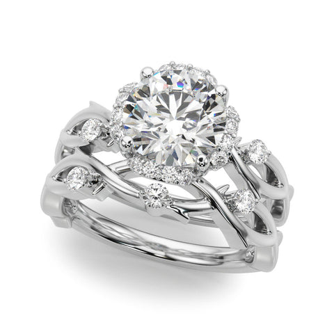Platinum Round Halo Solitaire Diamond Ring with Twisted Band and Four-Prong Setting