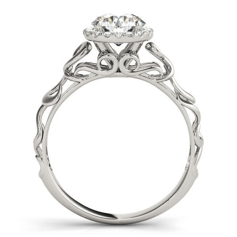 Platinum Round Halo Solitaire with Scrollwork Band and Four-Prong Setting