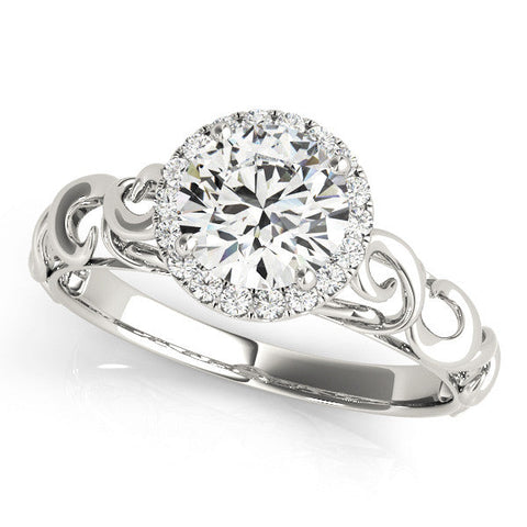 White gold Round Halo Solitaire with Scrollwork Band and Four-Prong Setting