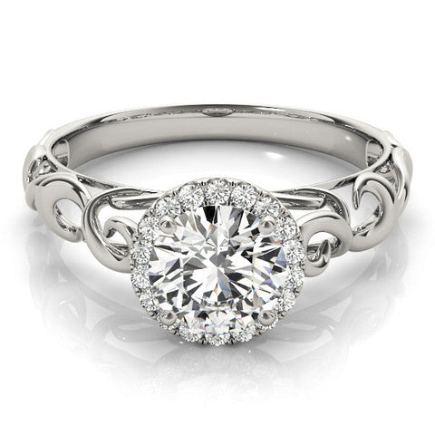White gold Round Halo Solitaire with Scrollwork Band and Four-Prong Setting