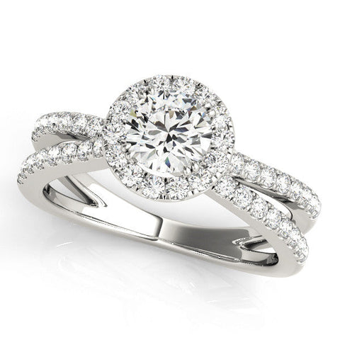 Platinum Round Halo Split Shank Diamond Ring with Pavé Setting