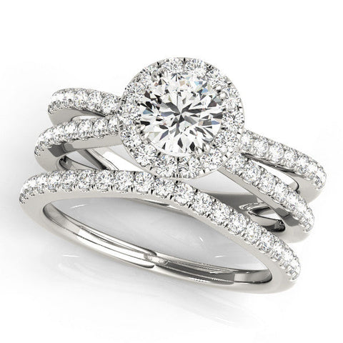 Platinum Round Halo Split Shank Diamond Ring with Pavé Setting