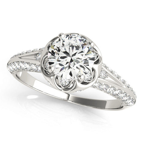 Platinum Round Halo Split Shank Pave Diamond Ring with Petal Prong Setting