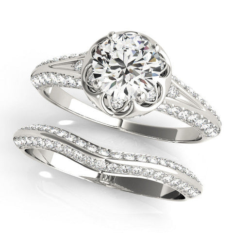 White gold Round Halo Split Shank Pave Diamond Ring with Petal Prong Setting