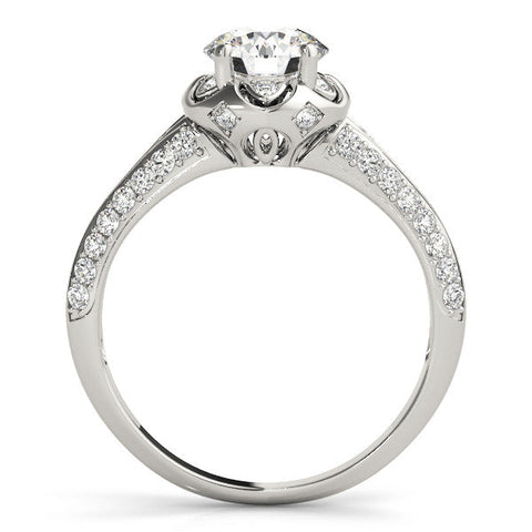 White gold Round Halo Split Shank Pave Diamond Ring with Petal Prong Setting