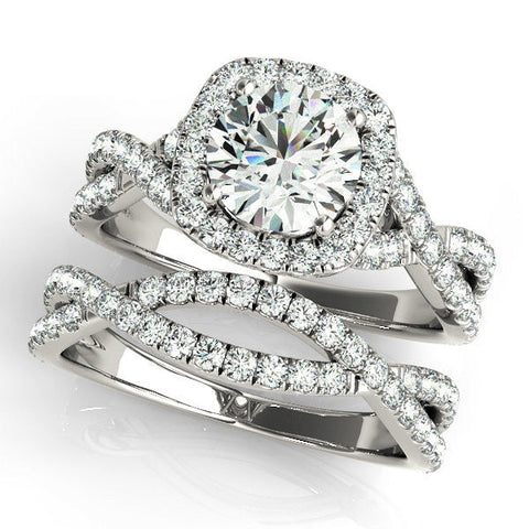 Platinum Round Halo Twist Band Diamond Engagement Ring with Prong Setting