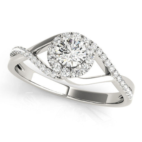 Platinum Round Halo Twist Band Prong Set Ring
