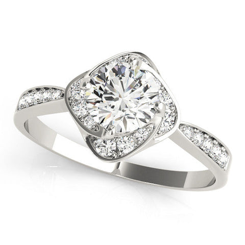 Platinum Round Halo Twist Diamond Engagement Ring with Pavé Band and Four-Prong Setting