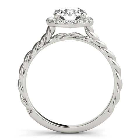 Platinum Round Halo Twisted Band Four-Prong Diamond Ring