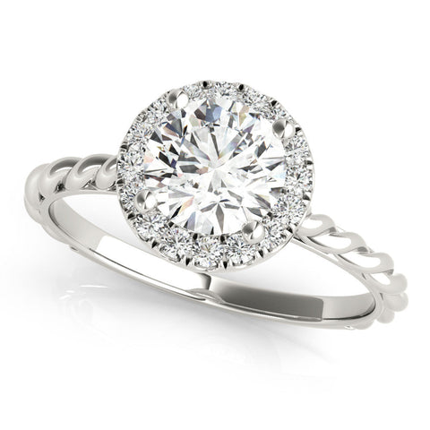 Platinum Round Halo Twisted Band Four-Prong Diamond Ring