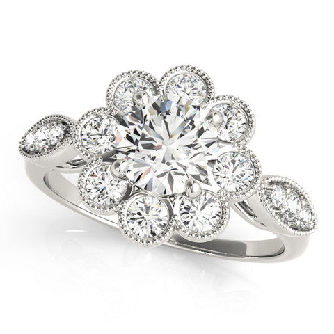 Platinum Round Milgrain Halo Floral Diamond Ring with Split Shank and Four-Prong Setting