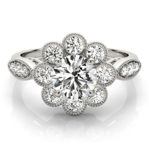 Platinum Round Milgrain Halo Floral Diamond Ring with Split Shank and Four-Prong Setting