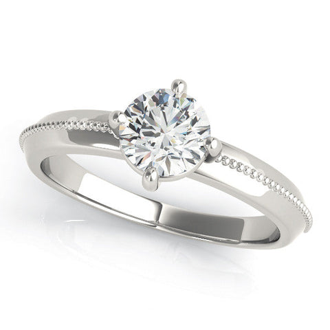 White gold Round Solitaire Beaded Band with Four-Prong Setting