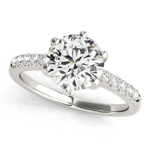 White gold Round Solitaire Diamond Engagement Ring with Pavé Band and Six-Prong Setting