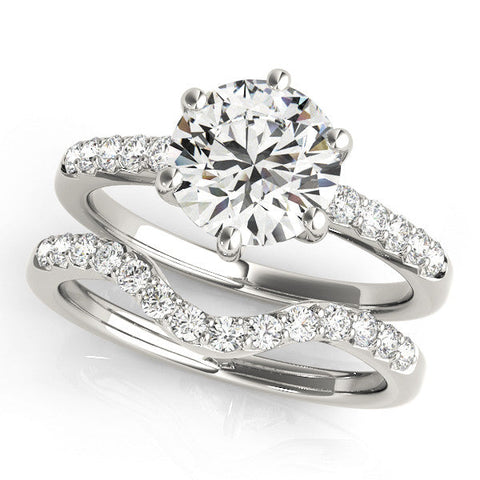 White gold Round Solitaire Diamond Engagement Ring with Pavé Band and Six-Prong Setting