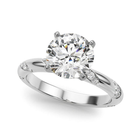 Platinum Round Solitaire Diamond Engagement Ring with Twisted Pave Band and Four-Prong Setting