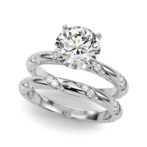 White gold Round Solitaire Diamond Engagement Ring with Twisted Pave Band and Four-Prong Setting