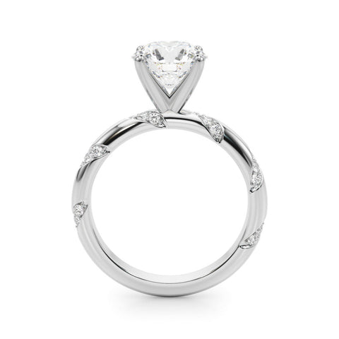 Platinum Round Solitaire Diamond Engagement Ring with Twisted Pave Band and Four-Prong Setting