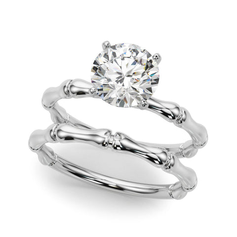 Platinum Round Solitaire Diamond Ring with Bamboo Band and Four-Prong Setting