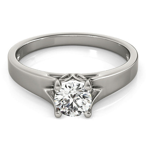 White gold Round Solitaire Diamond Ring with Cathedral Band and Four-Prong Setting