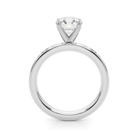 Platinum Round Solitaire Diamond Ring with Channel-Set Baguette Band and Four-Prong Setting