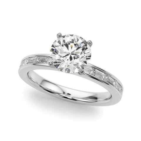 Platinum Round Solitaire Diamond Ring with Channel-Set Baguette Band and Four-Prong Setting