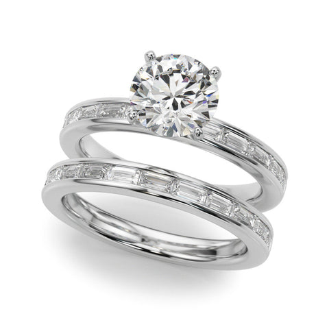 Platinum Round Solitaire Diamond Ring with Channel-Set Baguette Band and Four-Prong Setting
