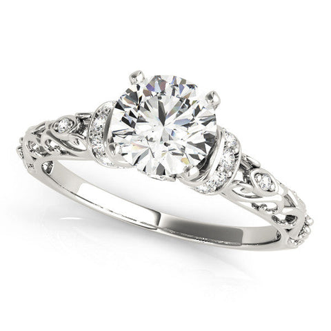 Platinum Round Solitaire Diamond Ring with Filigree Band and Four-Prong Setting