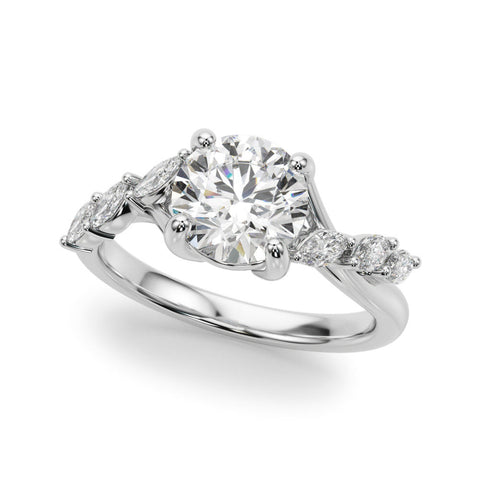 Platinum Round Solitaire Diamond Ring with Marquise Side Stones and Prong Setting on a Split Shank Band