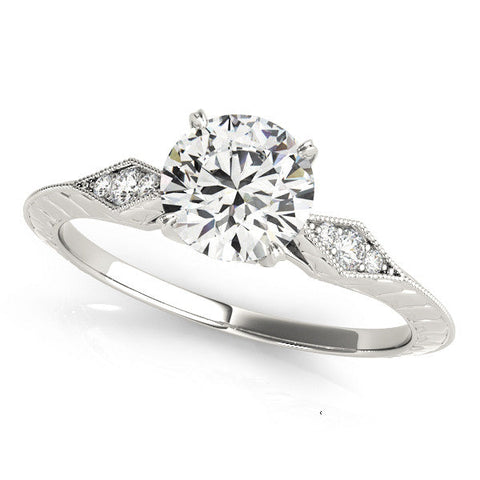 Platinum Round Solitaire Diamond Ring with Milgrain Band and Four-Prong Setting