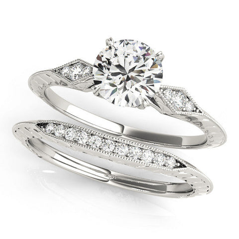 White gold Round Solitaire Diamond Ring with Milgrain Band and Four-Prong Setting