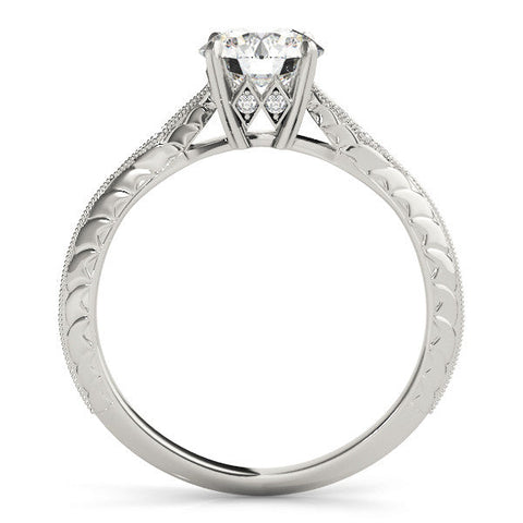 Platinum Round Solitaire Diamond Ring with Milgrain Band and Four-Prong Setting