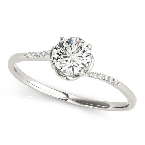 White gold Round Solitaire Diamond Ring with Pave Band and Four-Prong Setting