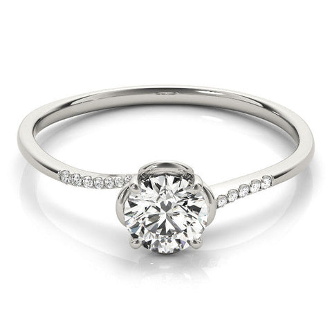 White gold Round Solitaire Diamond Ring with Pave Band and Four-Prong Setting