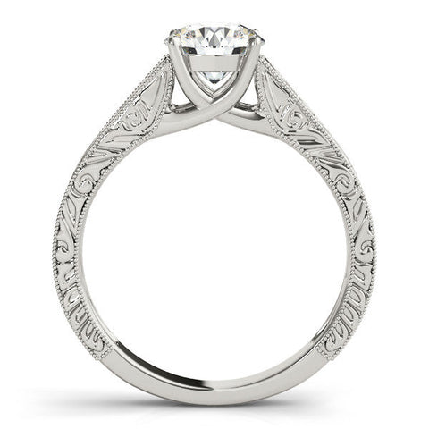 White gold Round Solitaire Diamond with Engraved Band and Four-Prong Setting