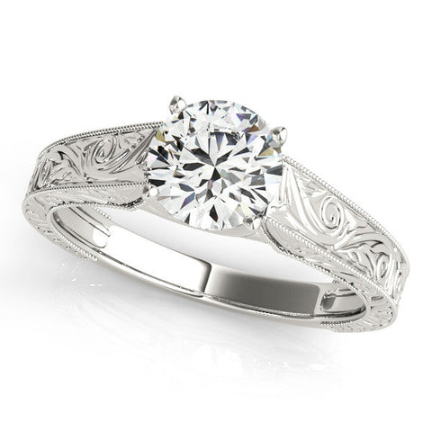 Platinum Round Solitaire Diamond with Engraved Band and Four-Prong Setting