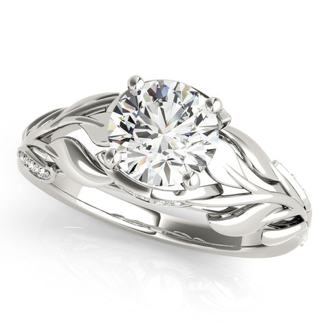 Platinum Round Solitaire Leaf-Inspired Engagement Ring with Prong Setting