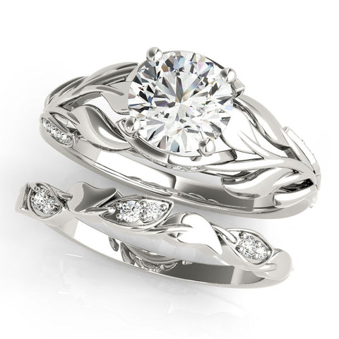 Platinum Round Solitaire Leaf-Inspired Engagement Ring with Prong Setting